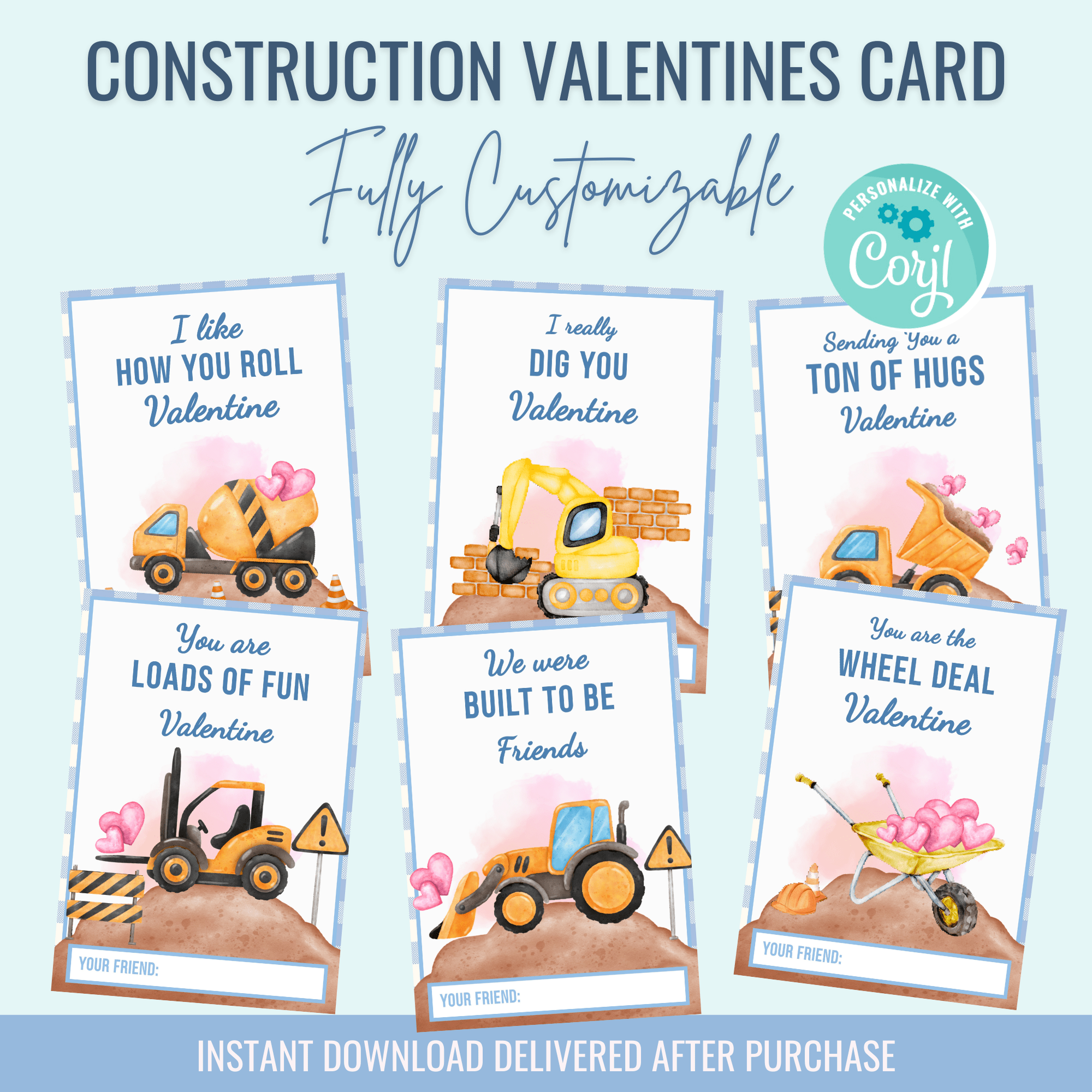Printable: Valentine's Construction Truck (Set of 6 Designs) - Curious Baby Cards - DIGI - VAL - TRUCK