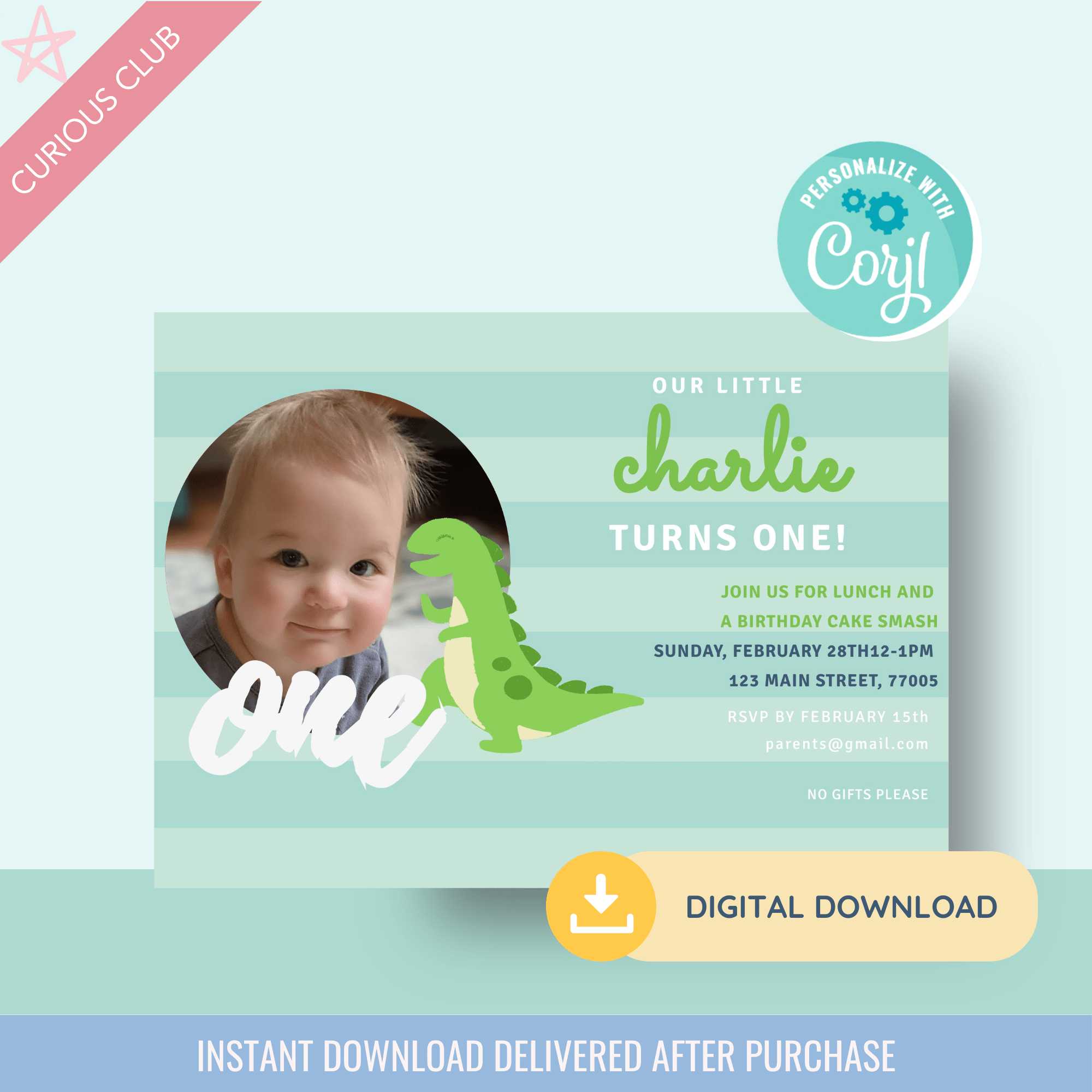 Printable: Dino Stripe 1st Birthday Invitation - Curious Baby Cards - DIGI - BIR - DINO