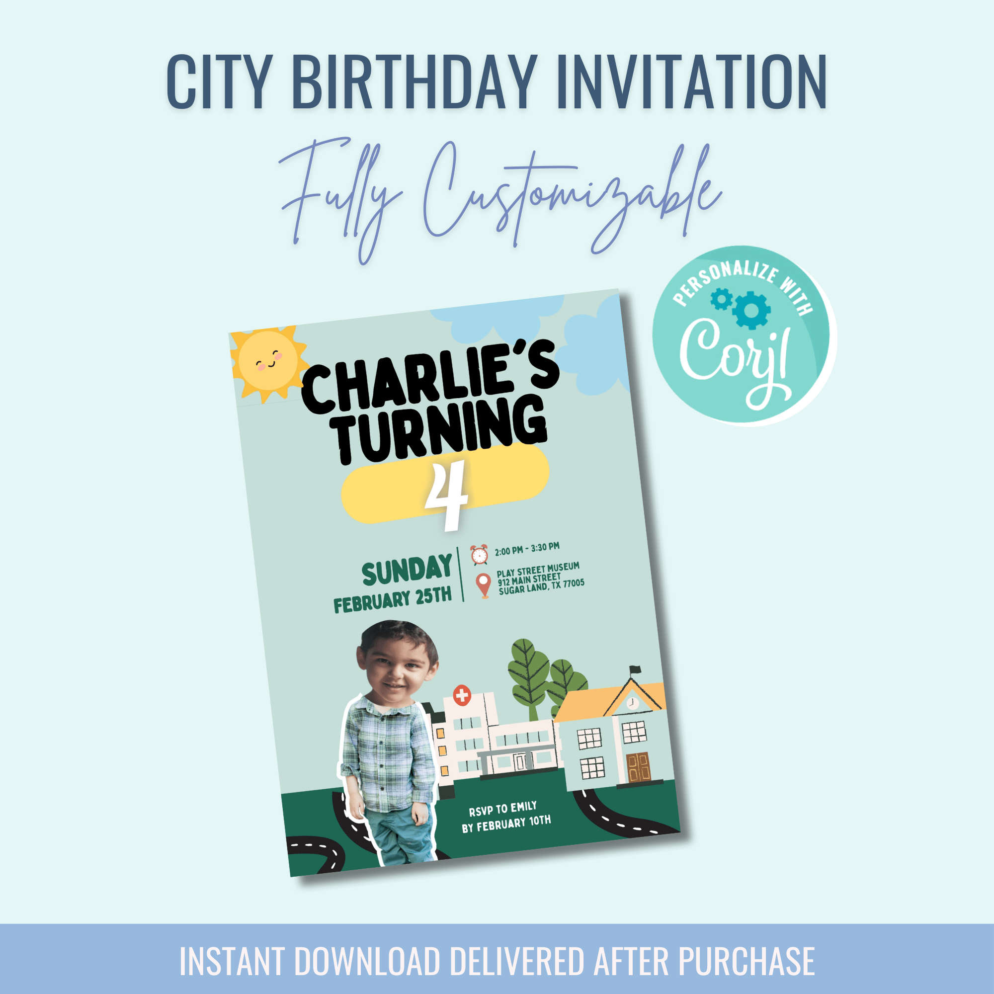 Printable: City Birthday Invitation - Curious Baby Cards - DIGI - BIR - CTY