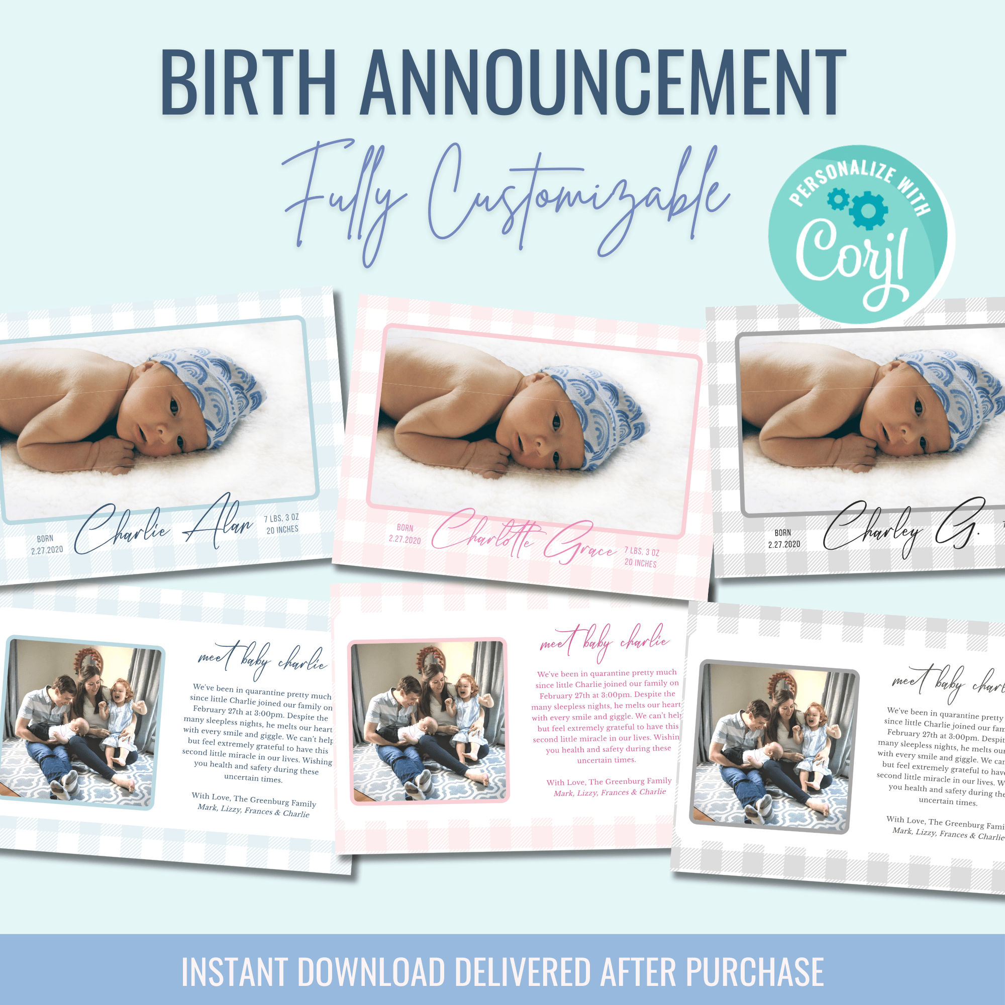 Printable: Birth Announcement Cards (Pink, Grey, and Blue) - Curious Baby Cards - DIGI - BIRTH