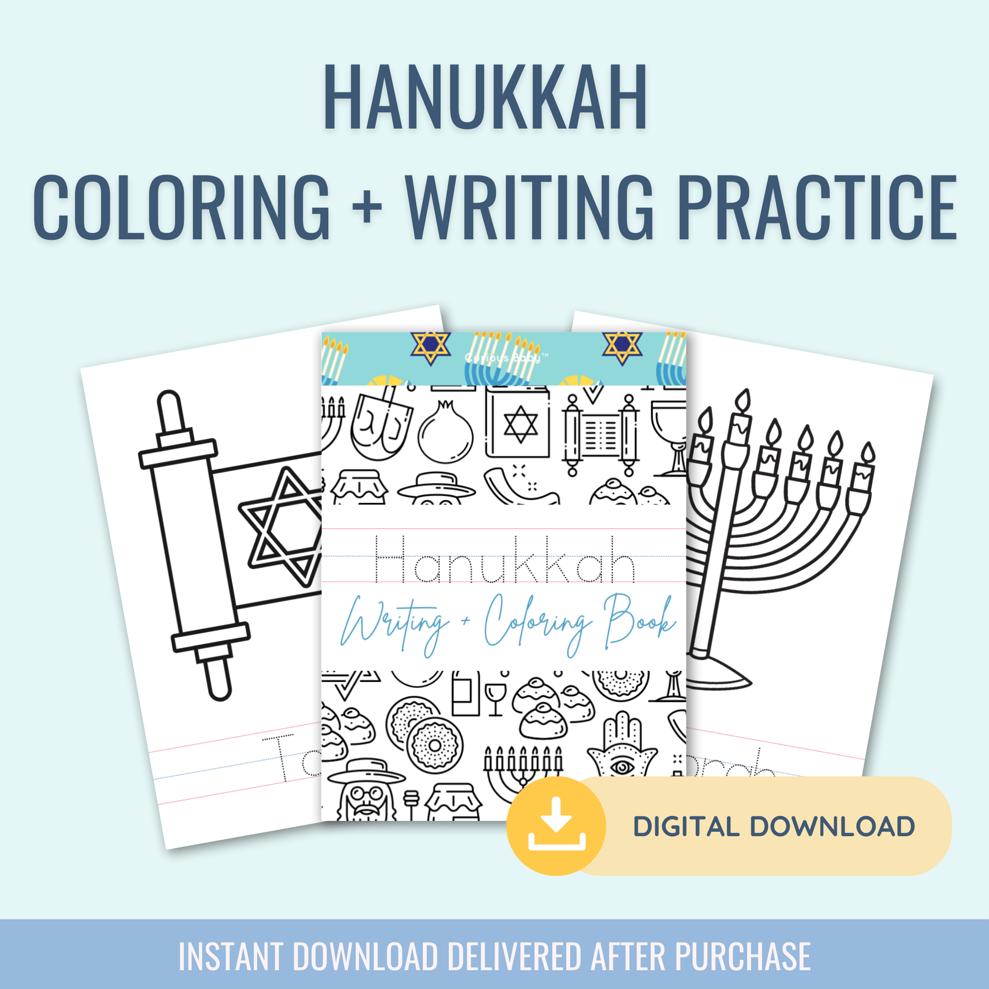 Hanukkah Theme: Writing Practice + Coloring Book - Curious Baby Cards - Digital - Hanukkah