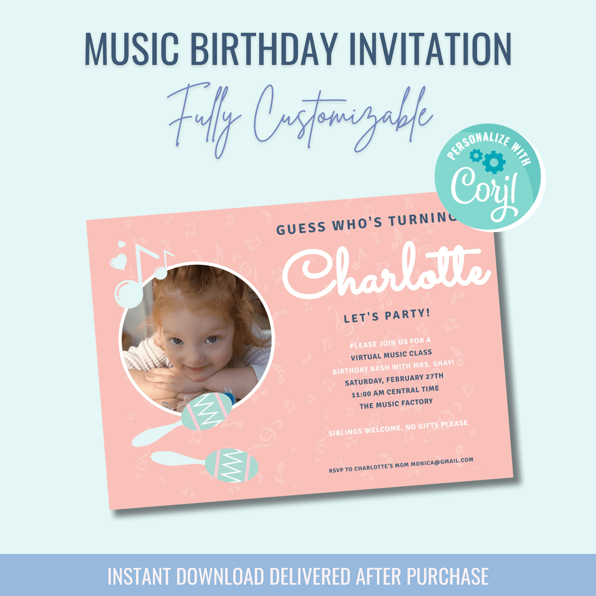 Printable: Music Themed Birthday Invitation - Curious Baby Cards - DIGI - BIR - MUSIC