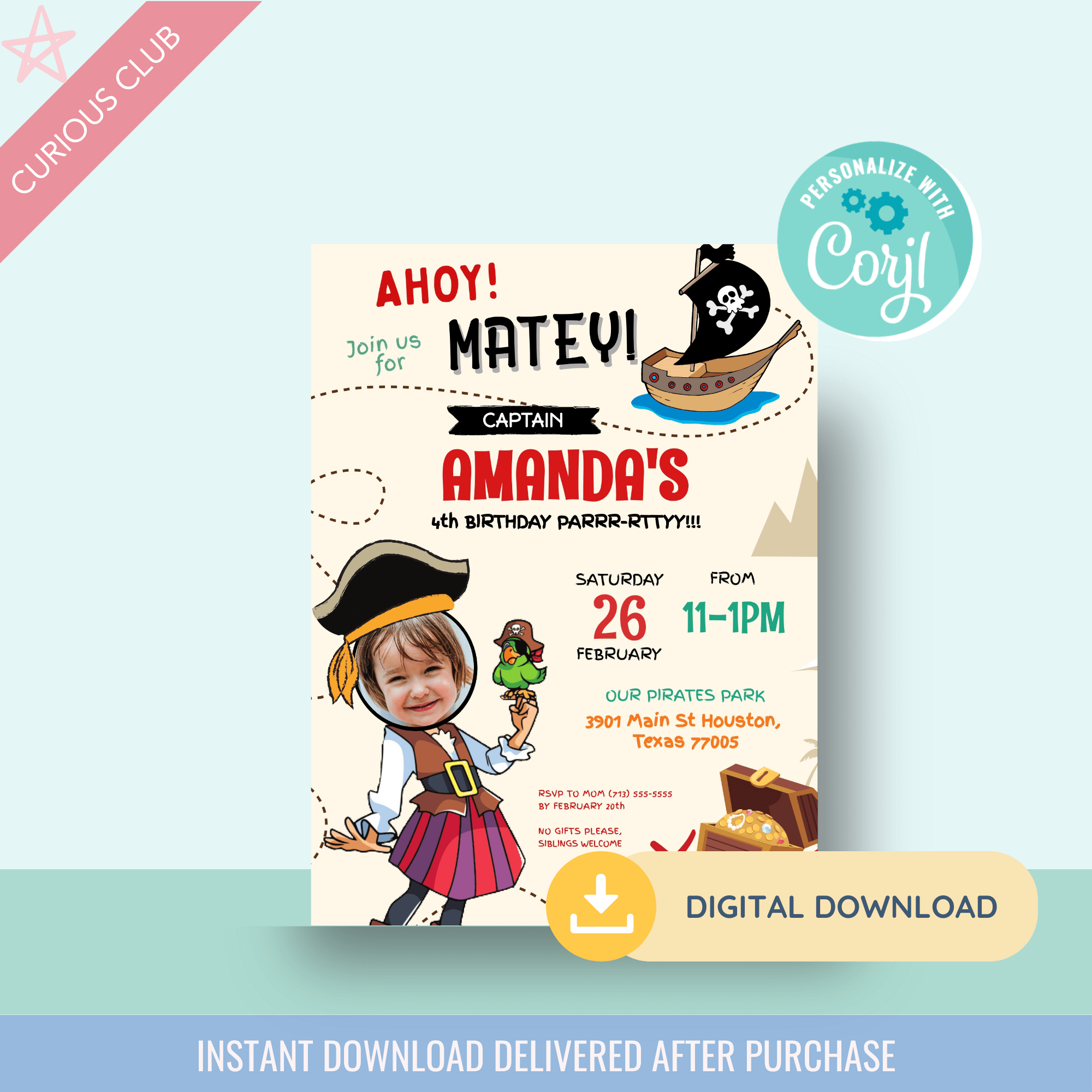 Printable: Pirate Birthday Invitations - Curious Baby Cards - DIGI - BIR - PIR