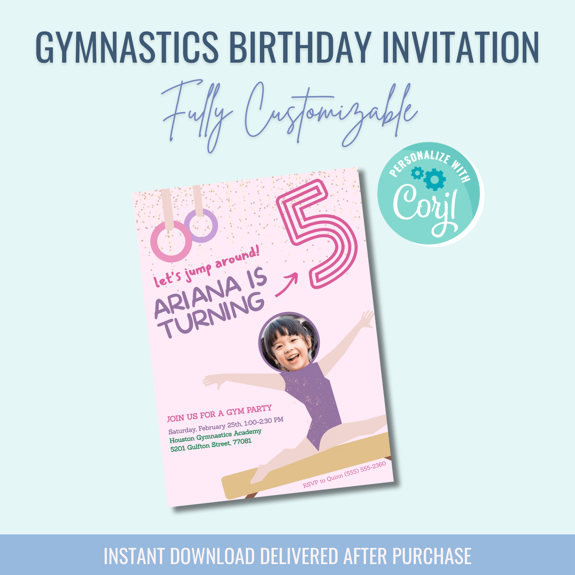 Printable: Gymnastics Birthday Invitation - Curious Baby Cards - DIGI - BIR - GYMN