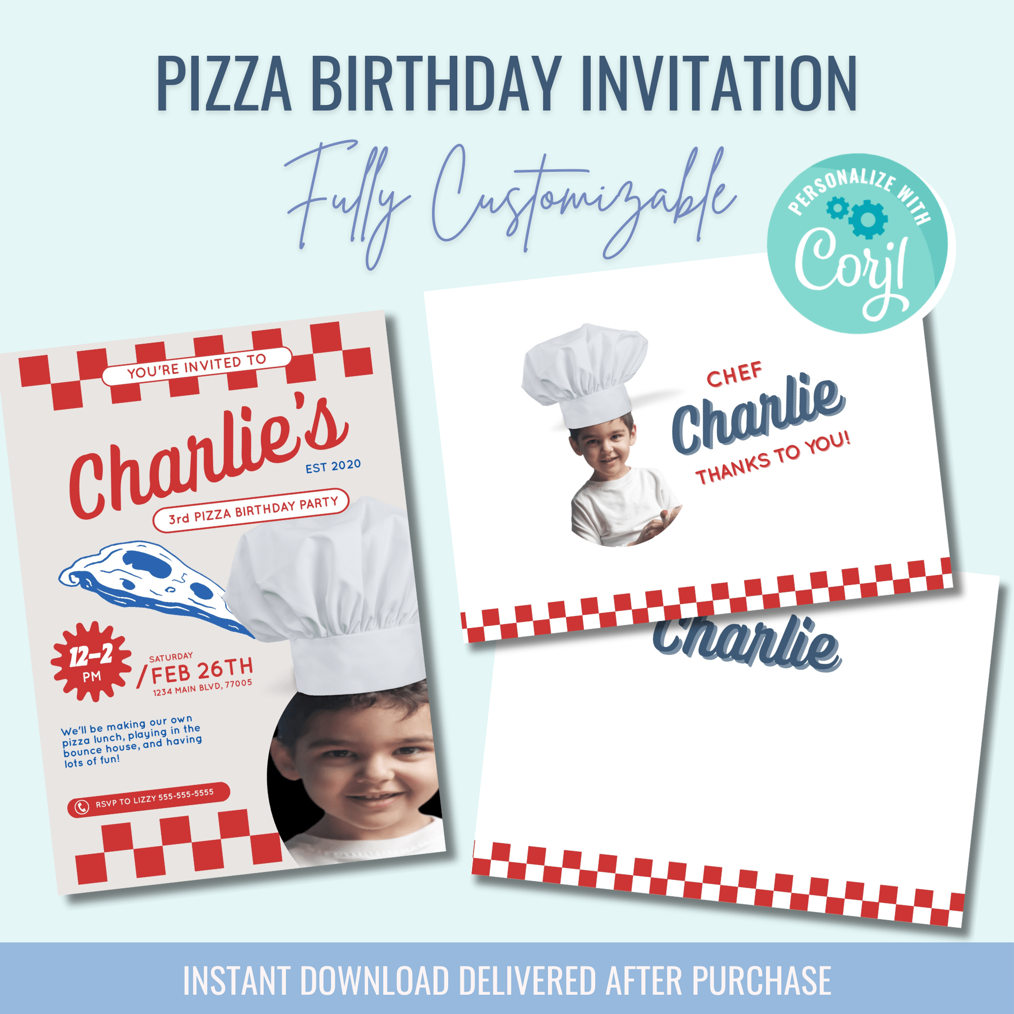 Printable: Pizza Birthday Party Invitation - Curious Baby Cards - DIGI - PIZZA