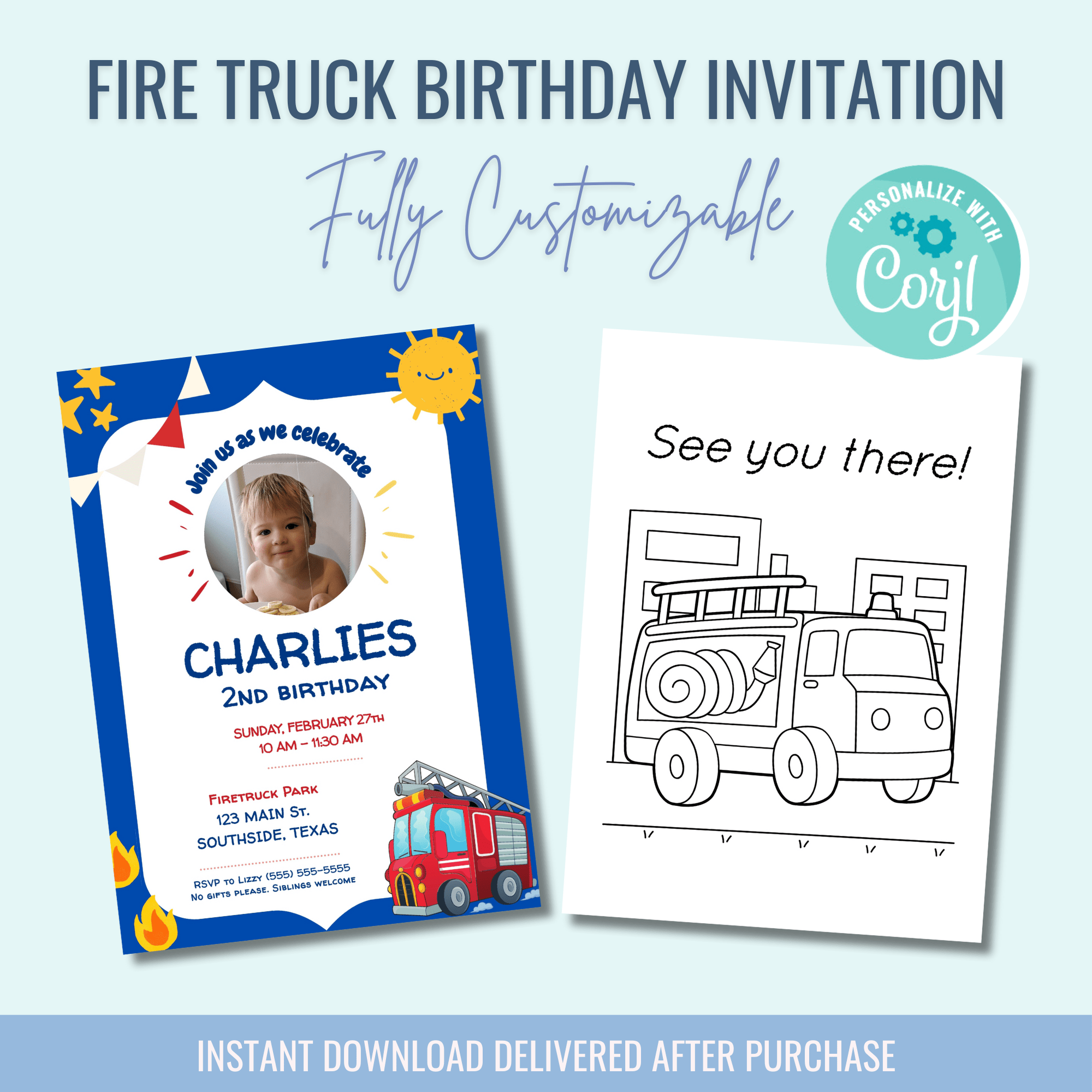 Printable: Firetruck Birthday Invitations - Curious Baby Cards - DIGI - BIR - FIRE