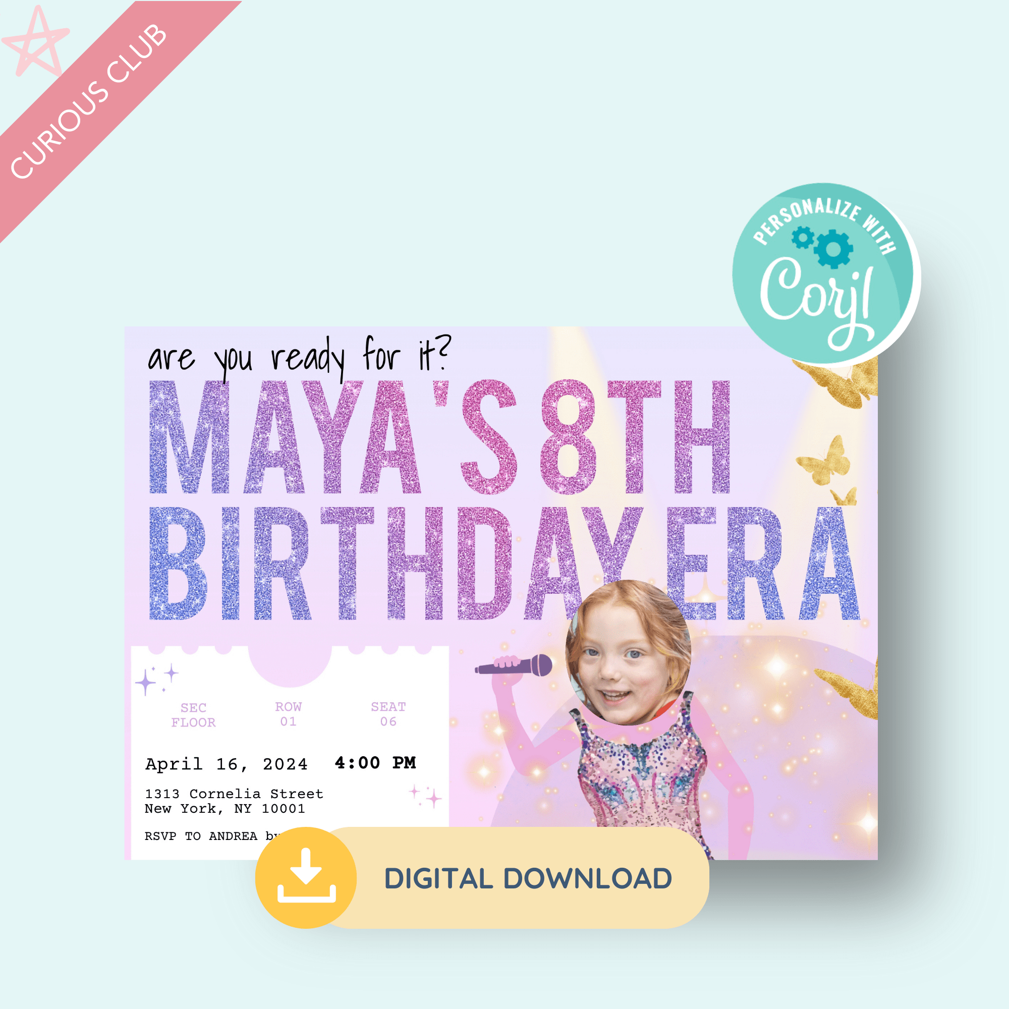 Printable: Swiftie - Inspired Birthday Invitation - Curious Baby Cards - DIGI - SWIFTB