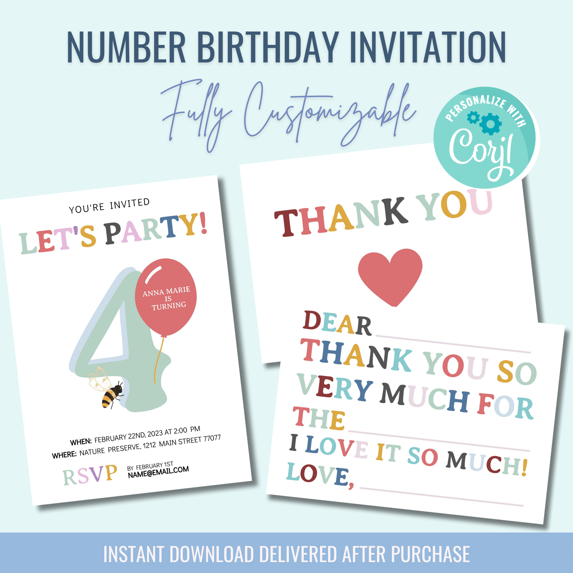 Printable: Number Balloon Birthday Invitations - Curious Baby Cards - DIGI - BIRTHDAY