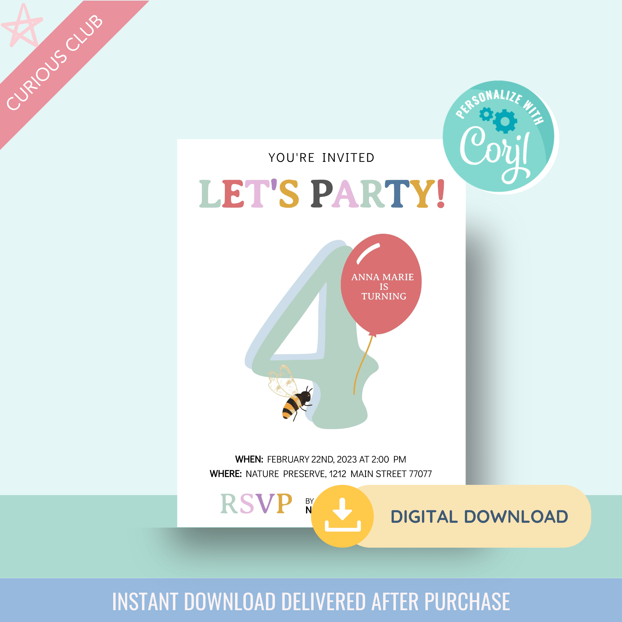 Printable: Number Balloon Birthday Invitations - Curious Baby Cards - DIGI - BIRTHDAY