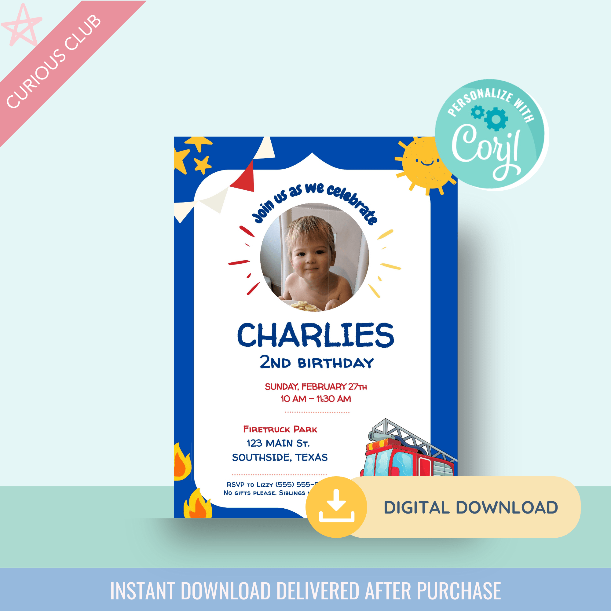 Printable: Firetruck Birthday Invitations - Curious Baby Cards - DIGI - BIR - FIRE