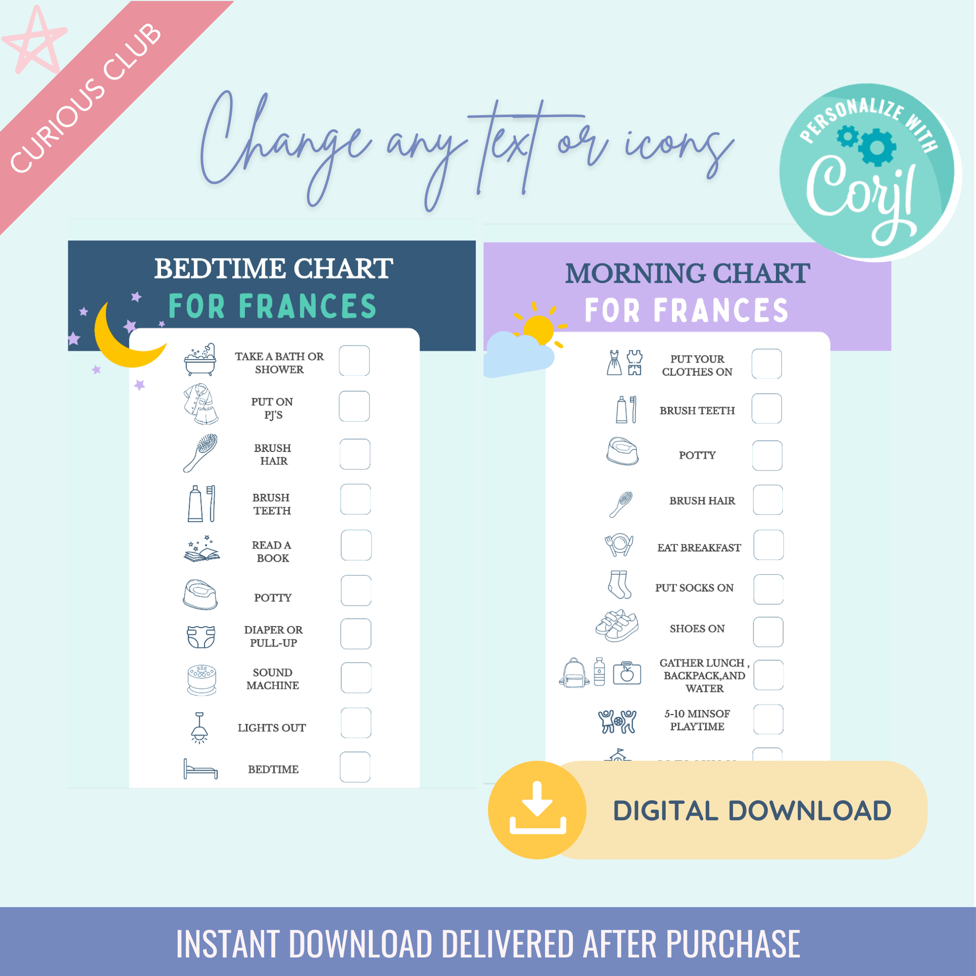 Printable: Bedtime & Morning Toddler Checklists - Curious Baby Cards - DIGI - CHECK