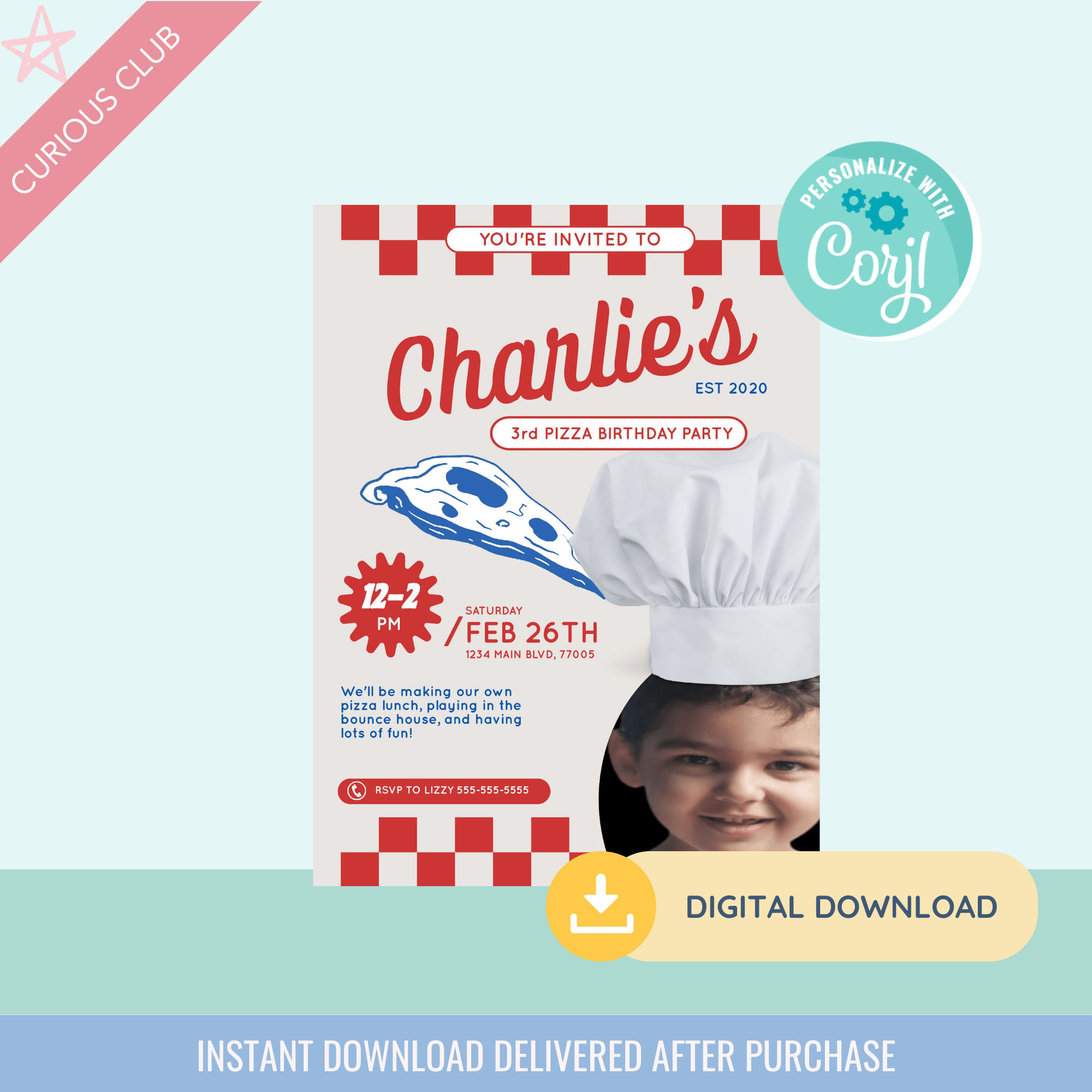 Printable: Pizza Birthday Party Invitation - Curious Baby Cards - DIGI - PIZZA