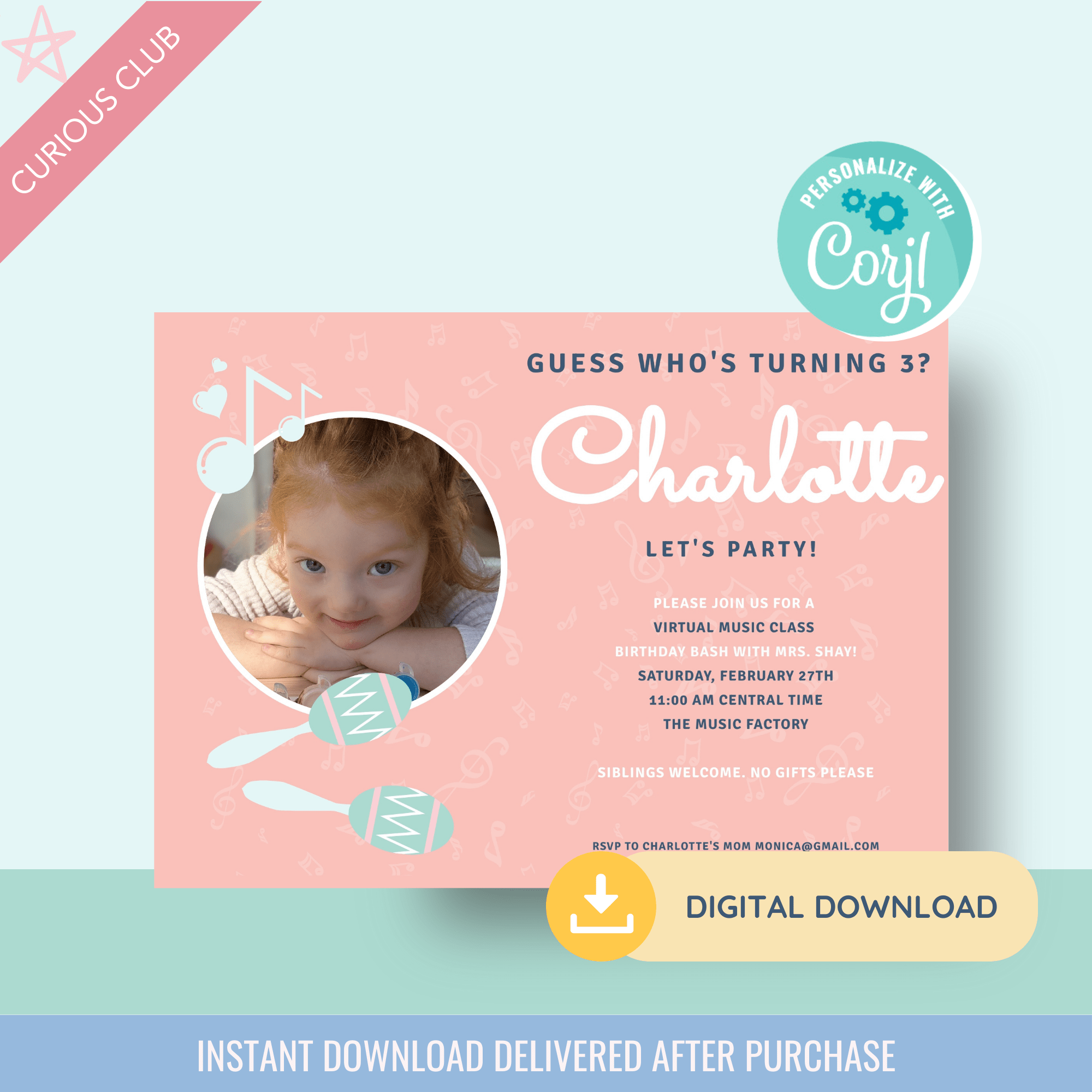 Printable: Music Themed Birthday Invitation - Curious Baby Cards - DIGI - BIR - MUSIC
