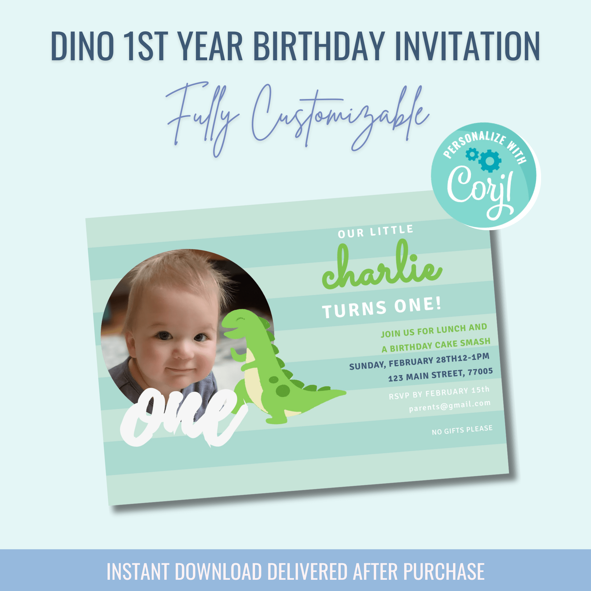 Printable: Dino Stripe 1st Birthday Invitation - Curious Baby Cards - DIGI - BIR - DINO