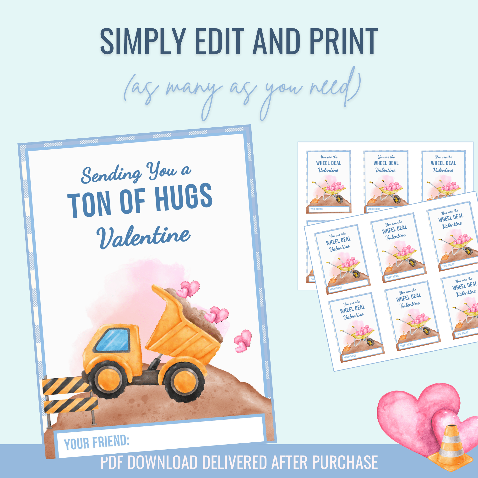 Printable: Valentine's Construction Truck (Set of 6 Designs) - Curious Baby Cards - DIGI - VAL - TRUCK