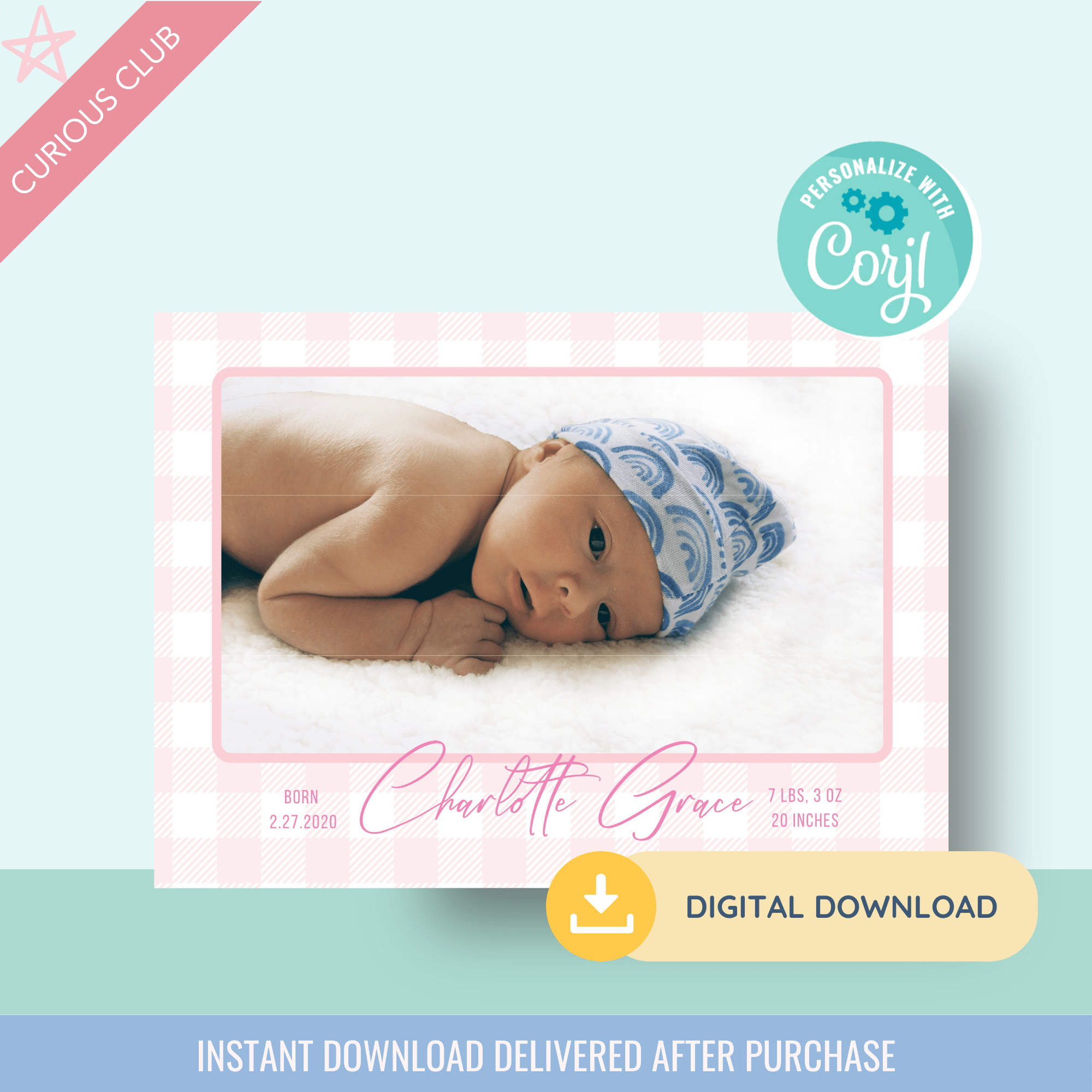 Printable: Birth Announcement Cards (Pink, Grey, and Blue) - Curious Baby Cards - DIGI - BIRTH