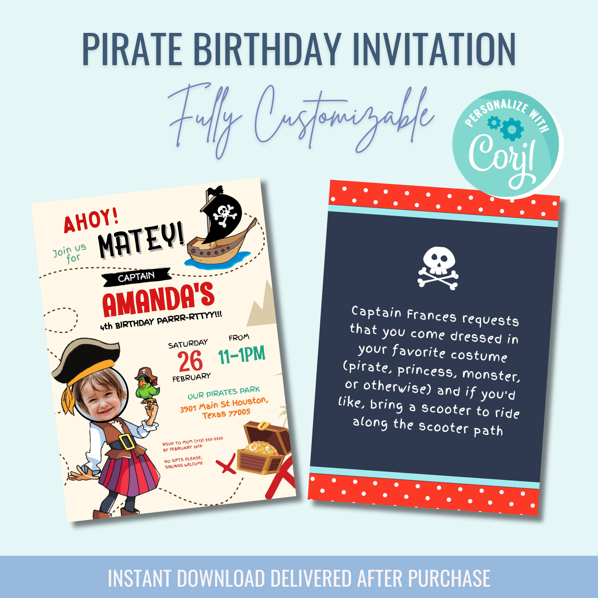 Printable: Pirate Birthday Invitations - Curious Baby Cards - DIGI - BIR - PIR