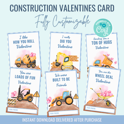 Printable: Valentine's Construction Truck (Set of 6 Designs)