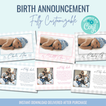 Printable: Birth Announcement Cards (Pink, Grey, and Blue) - Curious Baby Cards - DIGI - BIRTH