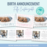 Printable: Birth Announcement Cards (Pink, Grey, and Blue) - Curious Baby Cards - DIGI - BIRTH