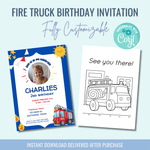 Printable: Firetruck Birthday Invitations - Curious Baby Cards - DIGI - BIR - FIRE
