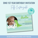 Printable: Dino Stripe 1st Birthday Invitation - Curious Baby Cards - DIGI - BIR - DINO