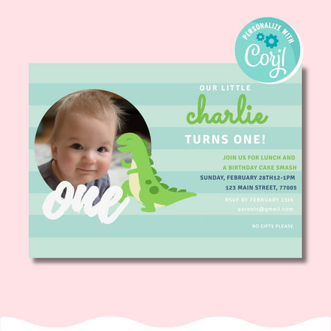 Printable: Dino Stripe 1st Birthday Invitation