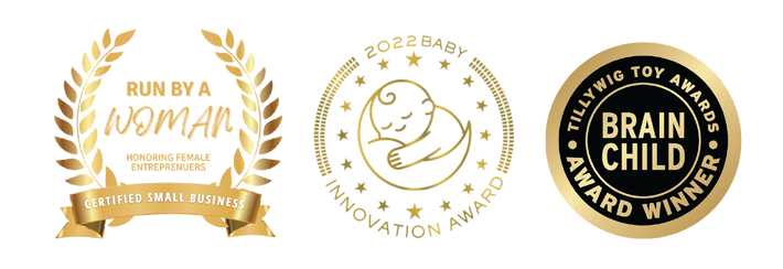 Curious Baby awards: Certified Small Business Run by a Woman, 2022 Baby Innovation Award, and Tillywig Toy Awards Brain Child Award winner