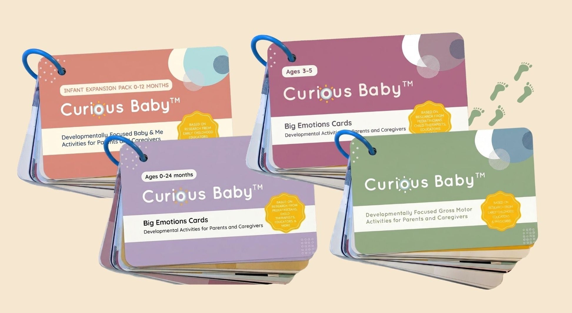 The four newest Curious Baby decks: Infant Expansion Pack, Big Emotions for ages 0-24 months and 3-5 years, and Gross Motor
